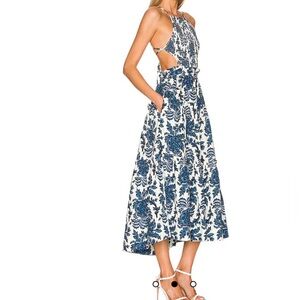 Shona Joy Diana Halter Backless Cotton Midi Dress Women 2 Blue White Block Print